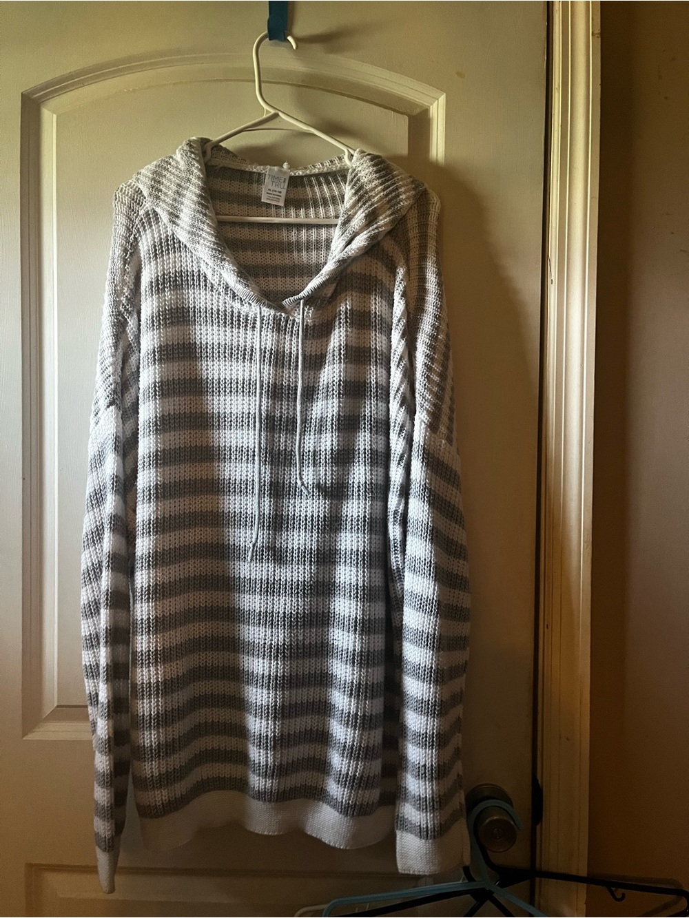 Time and Tru Gray and White Striped Cowl-Neck Hoodie Sweater